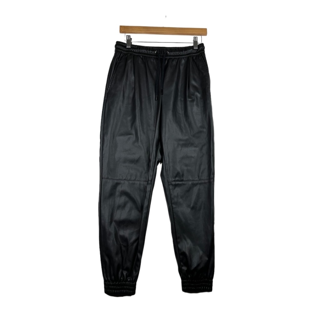 Zara Women's Faux Leather Black Ruched Drawstring Joggers Size Small
